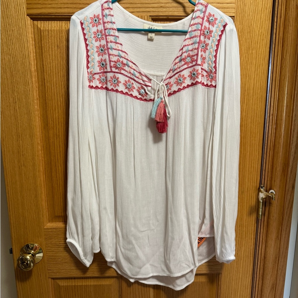 Style & Co. Cream Blouse with Pink and Blue Embroidery